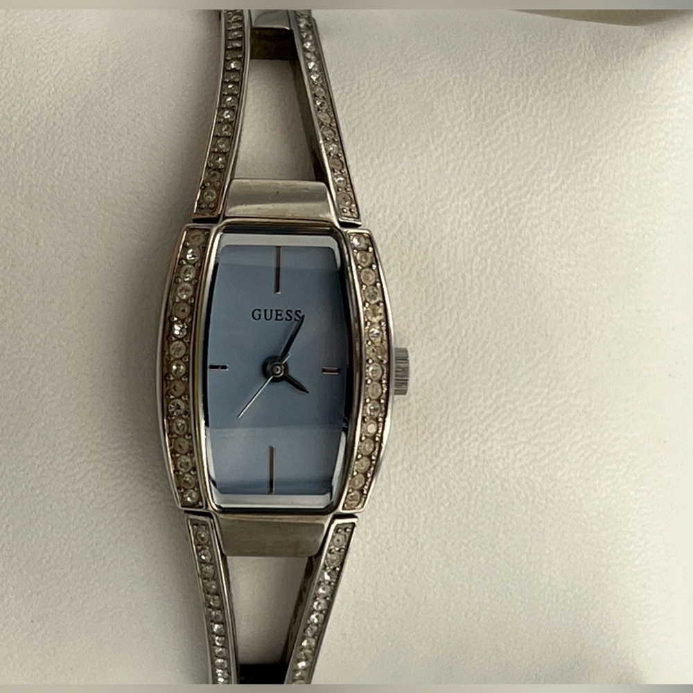 GUESS Women's Silver Watch with Crystal Detailing and Blue Face 2019